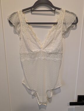 Aerie Off-White Lace Sheer Bodysuit with Dot Mesh